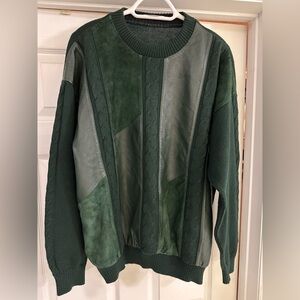 Vintage forest green leather and suede on wool and acrylic oversized sweater